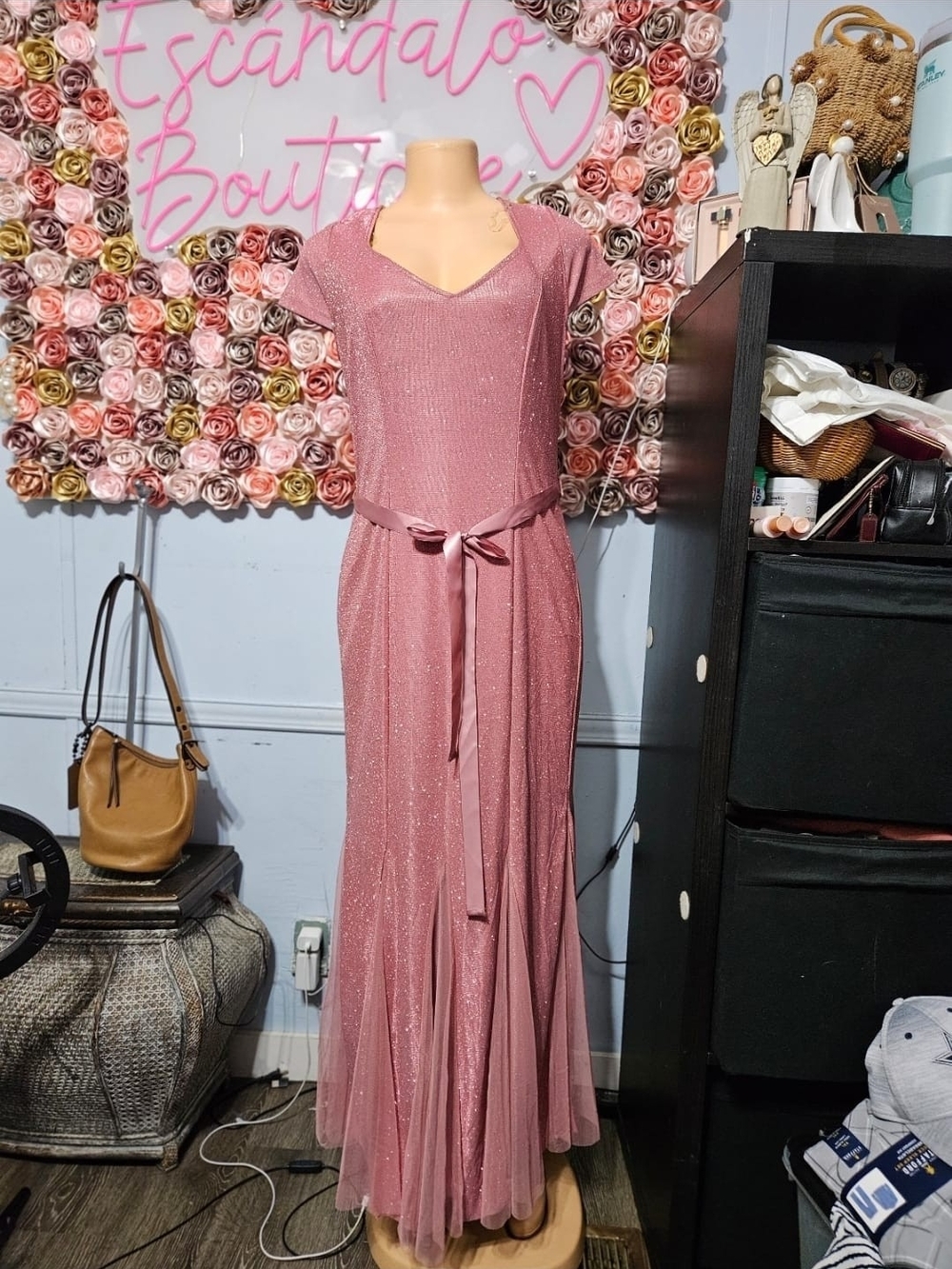 Dusty Rose Shimmer Maxi Dress with Satin Waist Tie